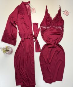 Ensemble nuisette peignoir long en satin - H - " Bordeaux "