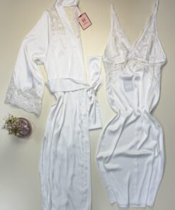 Ensemble nuisette peignoir long en satin - H - " Blanc "