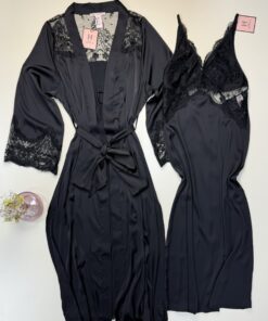 Alternative view of Ensemble nuisette peignoir long en satin - H - " Noir "