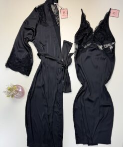 Ensemble nuisette peignoir long en satin - H - " Noir "