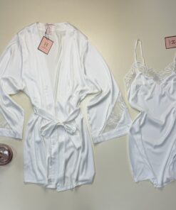 Alternative view of Ensemble nuisette peignoir en satin - H - " Blanc "