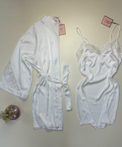 Ensemble nuisette peignoir en satin - H - " Blanc "