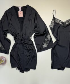 Alternative view of Ensemble nuisette peignoir en satin - H - " Noir "