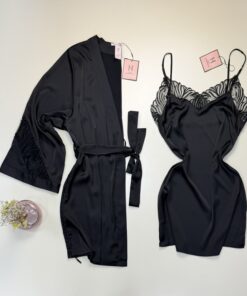 Ensemble nuisette peignoir en satin - H - " Noir "