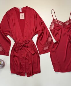 Alternative view of Ensemble nuisette peignoir en satin - H - " Rouge "