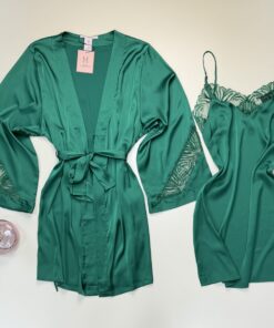 Alternative view of Ensemble nuisette peignoir en satin - H - " Vert foncé "