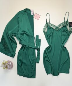 Ensemble nuisette peignoir en satin - H - " Vert foncé "