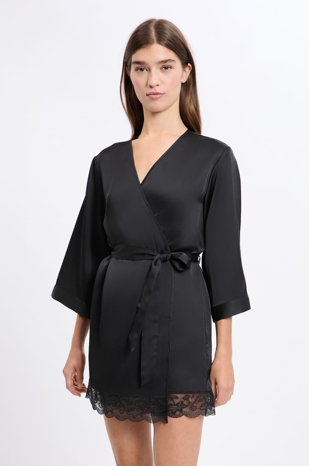 Peignoir satinée détails en dentelle - Etam - désire Noir