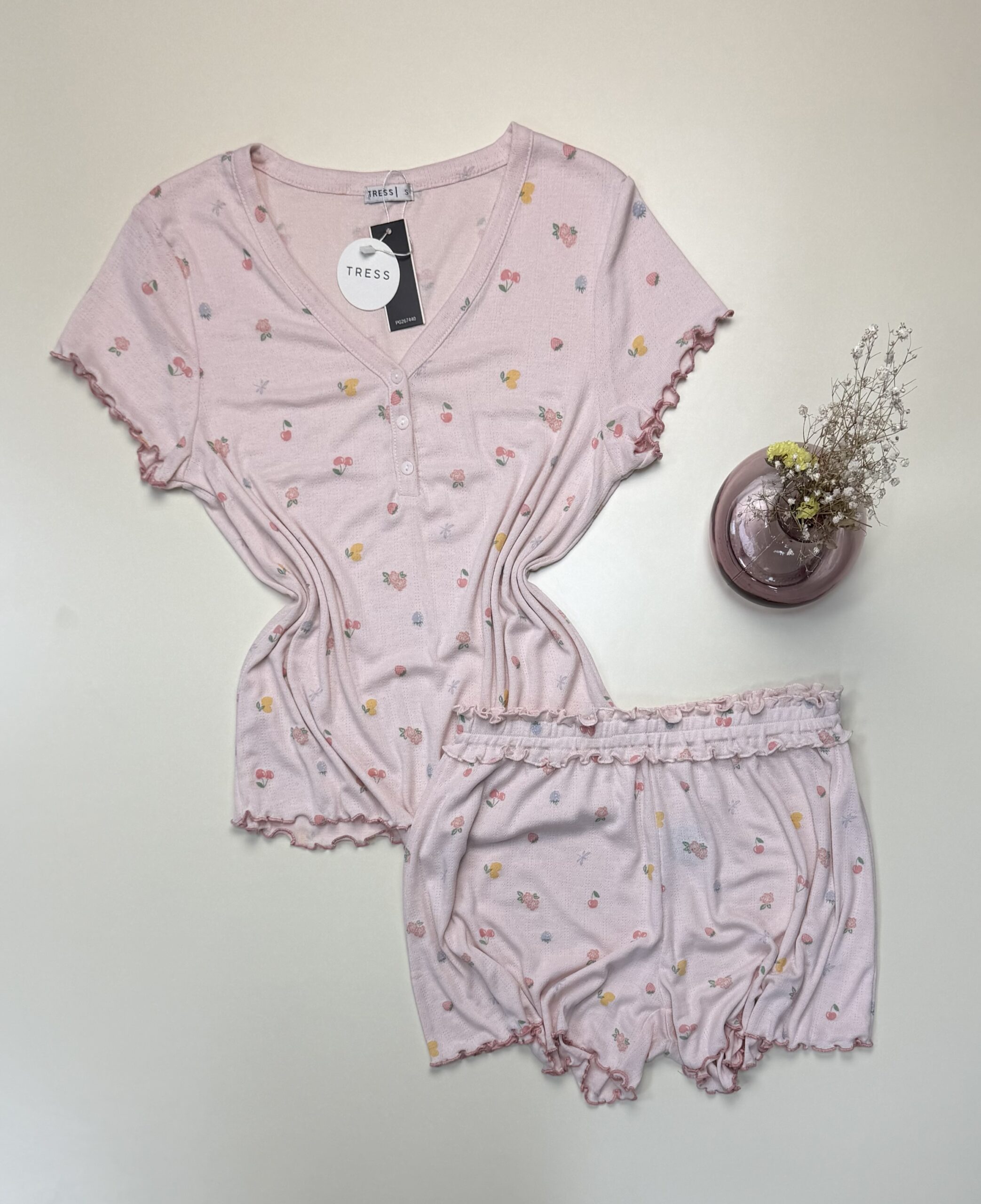 Pyjama short haut demi manche - Tress - " Rose "