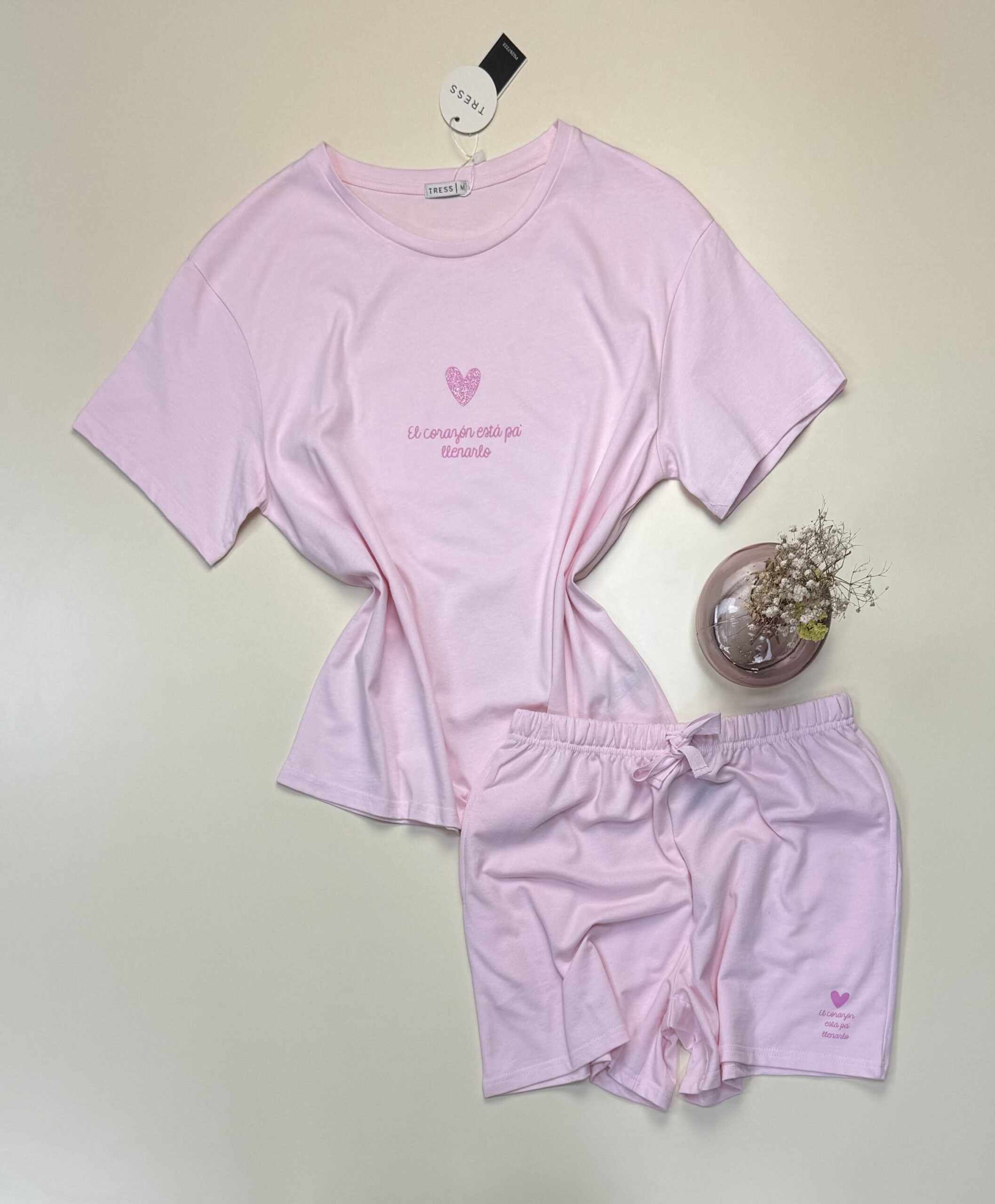 Short - haut demi manche en coton - Tress - " Rose "