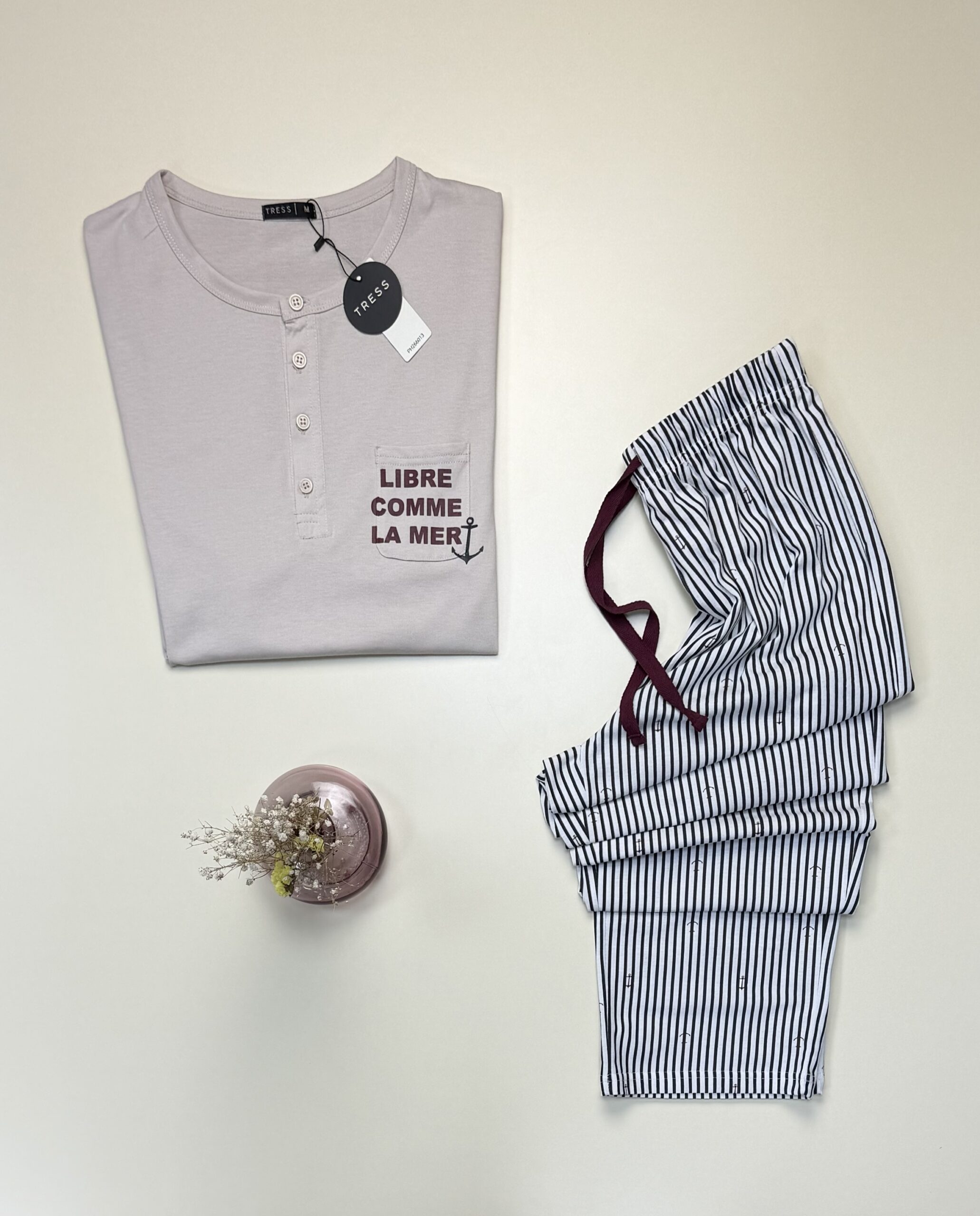 Pyjama pantalon pour homme en coton - Tress - " Beige " – Image 2