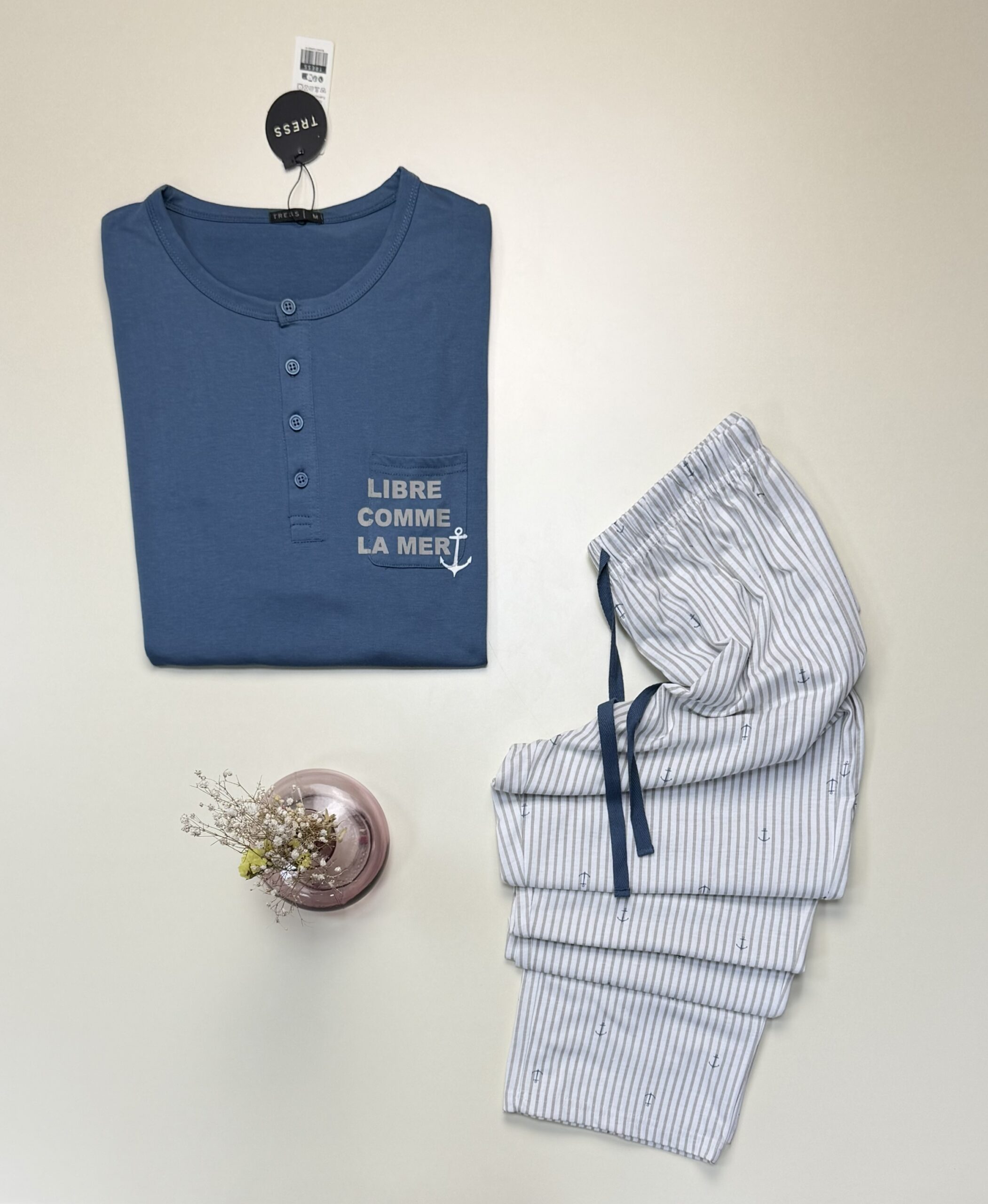 Pyjama pantalon pour homme en coton - Tress - " Bleu " – Image 2