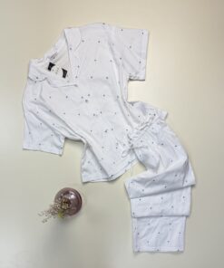 Pyjama pantalon haut demi manche boutonné 100 % coton" Blanc "