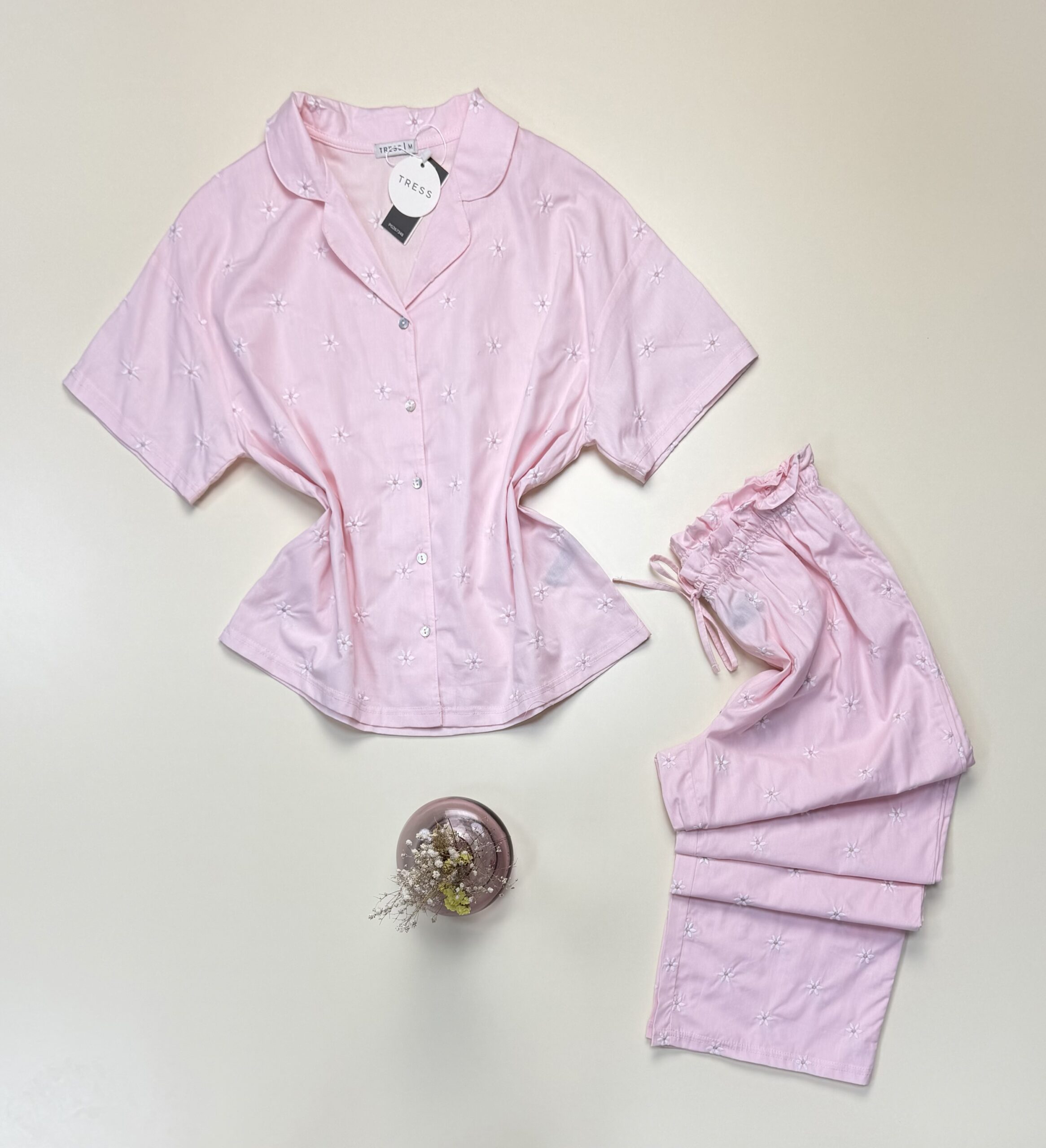 Pyjama pantalon haut demi manche boutonné 100 % coton" Rose " – Image 3