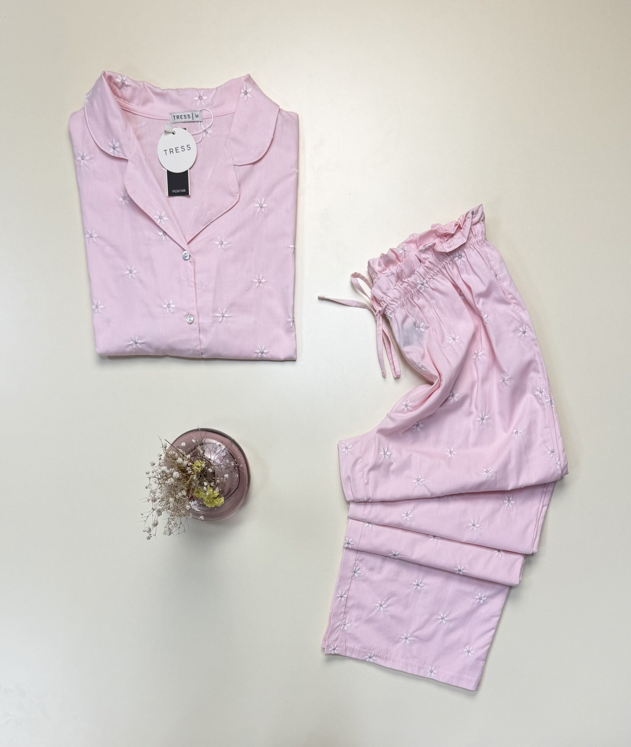 Pyjama pantalon haut demi manche boutonné 100 % coton" Rose " – Image 2