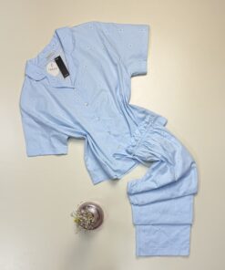 Pyjama pantalon haut demi manche boutonné 100 % coton" Bleu "