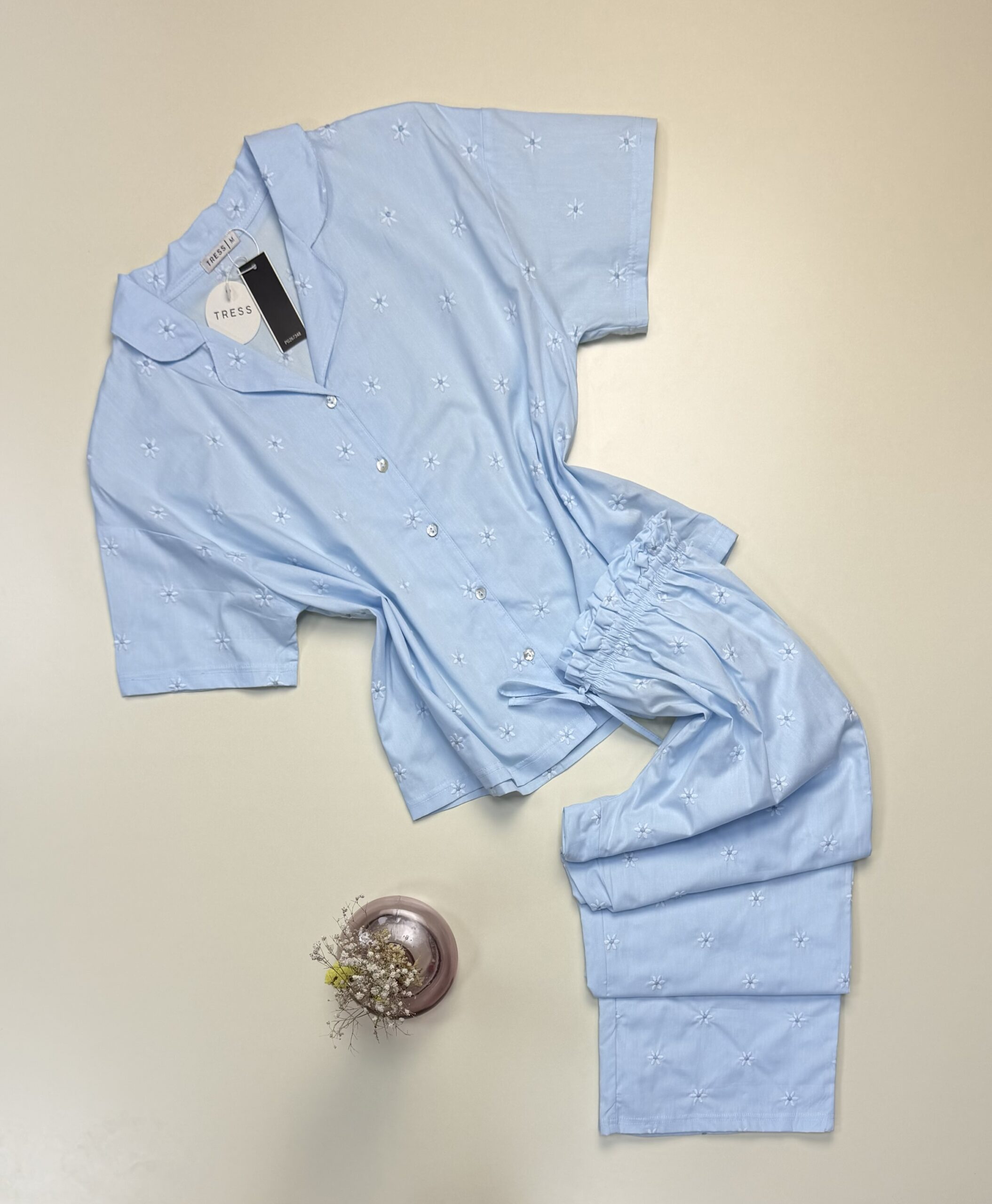 Pyjama pantalon haut demi manche boutonné 100 % coton" Bleu "