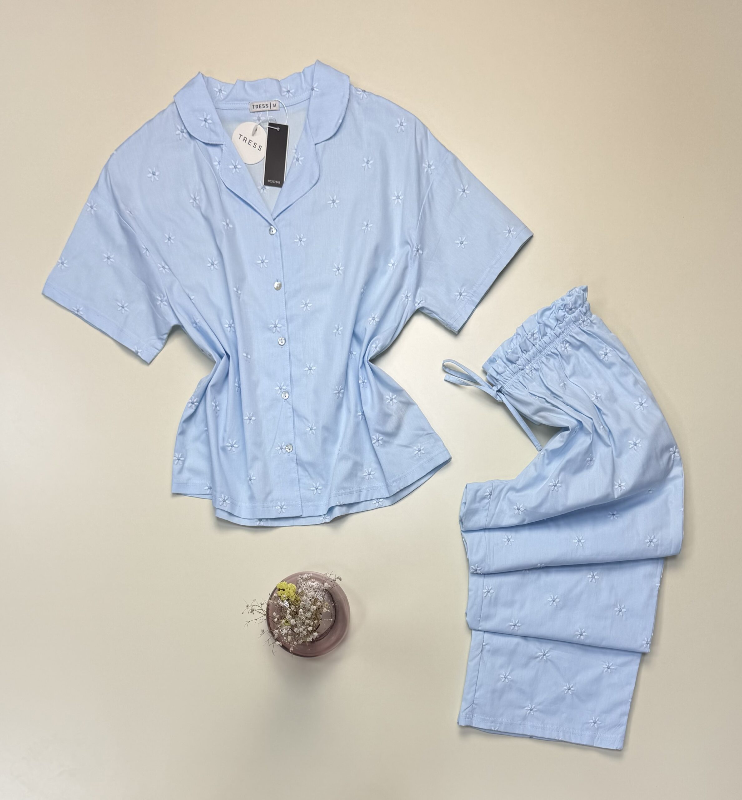 Pyjama pantalon haut demi manche boutonné 100 % coton" Bleu " – Image 3