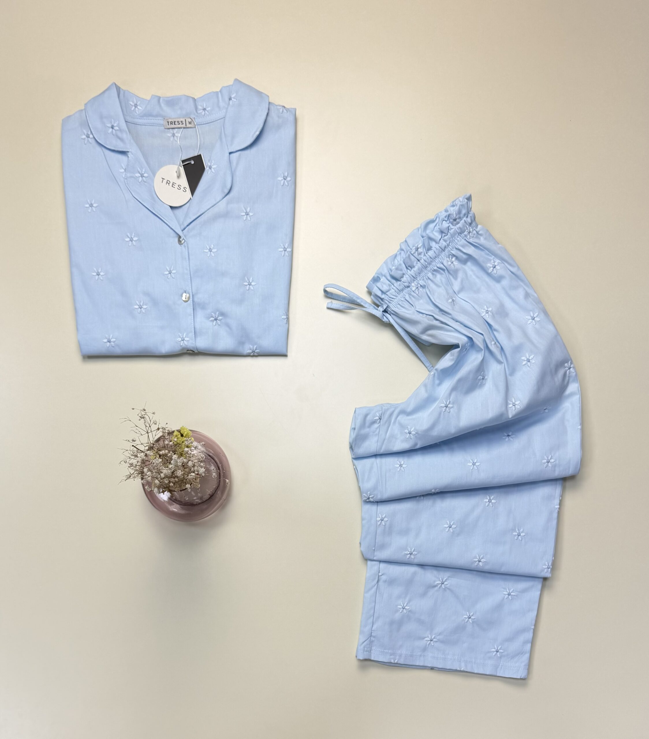 Pyjama pantalon haut demi manche boutonné 100 % coton" Bleu " – Image 2