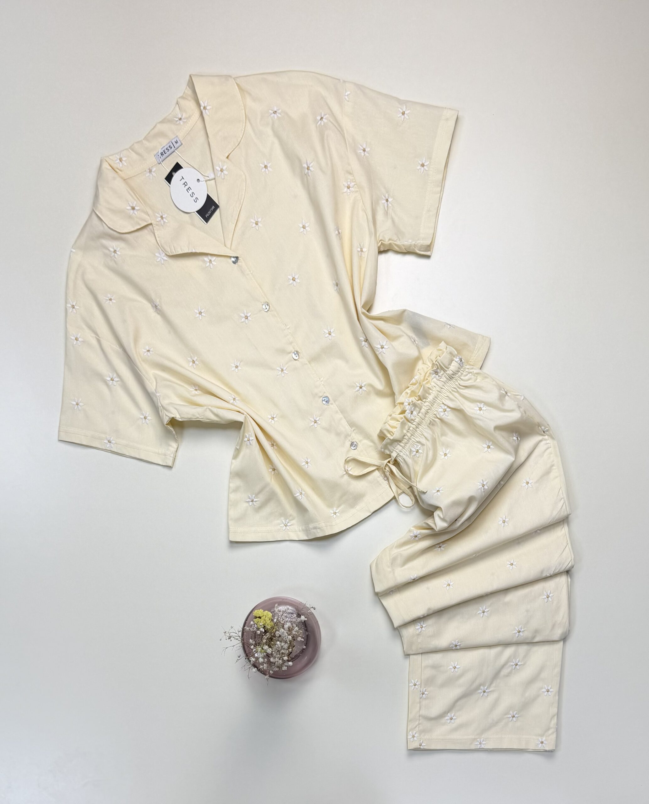 Pyjama pantalon haut demi manche boutonné 100 % coton" jaune "