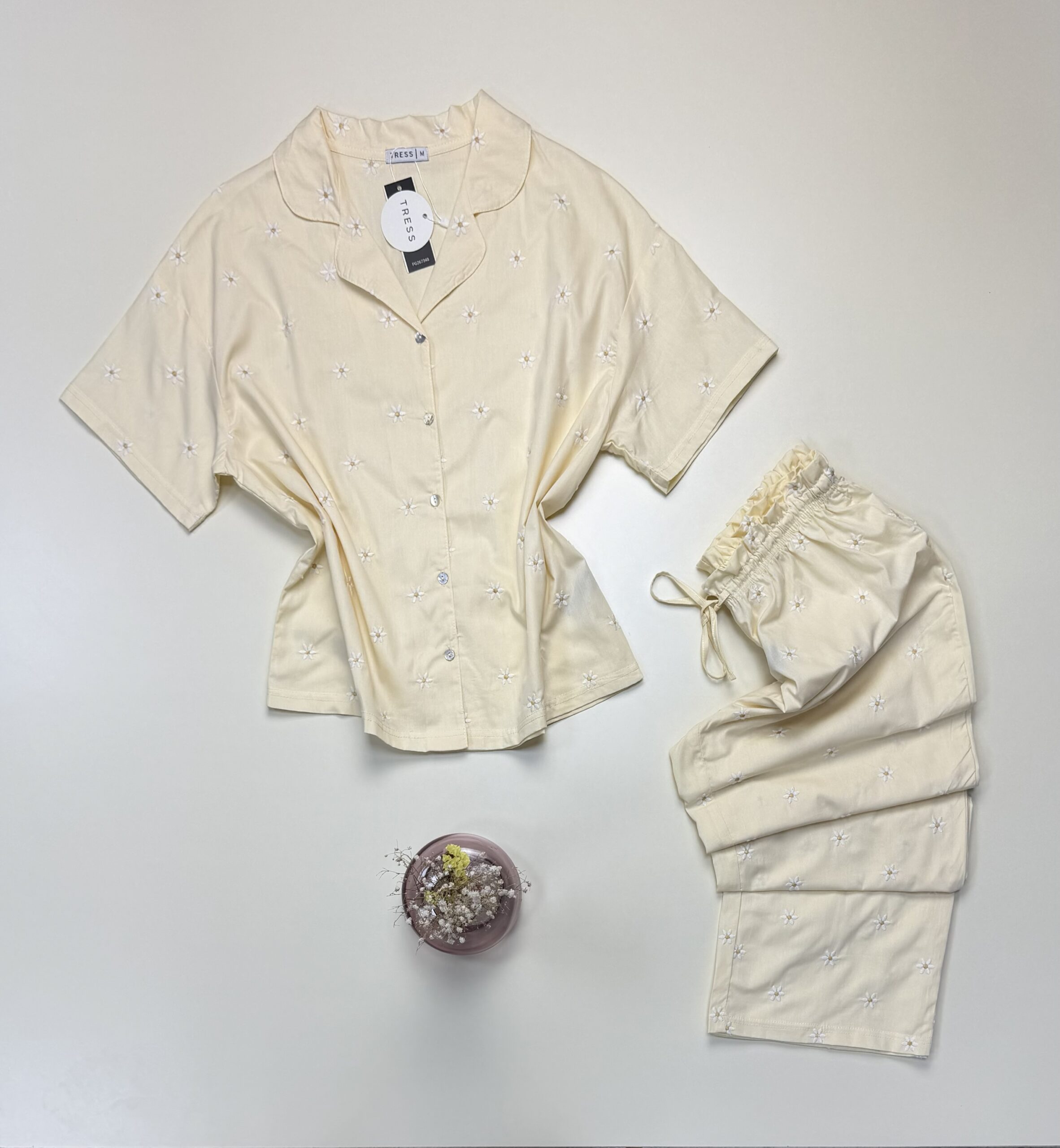 Pyjama pantalon haut demi manche boutonné 100 % coton" jaune " – Image 3