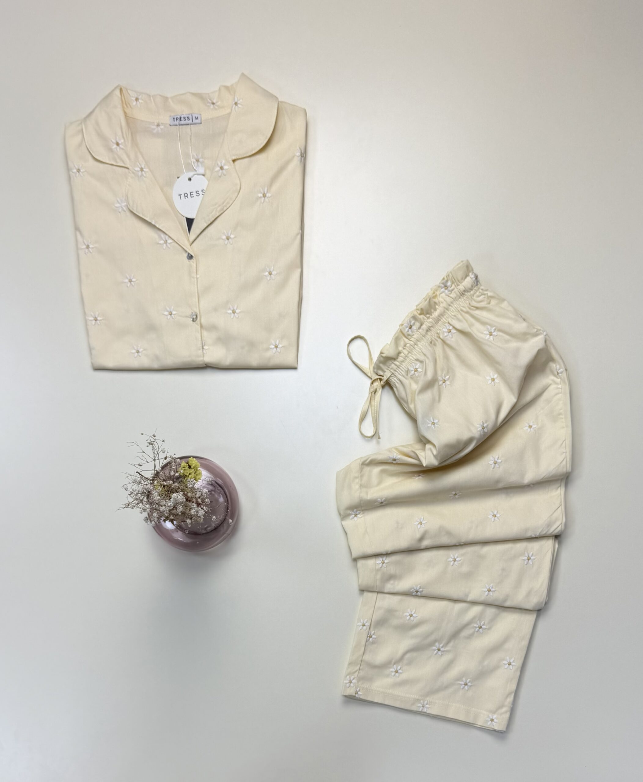 Pyjama pantalon haut demi manche boutonné 100 % coton" jaune " – Image 2