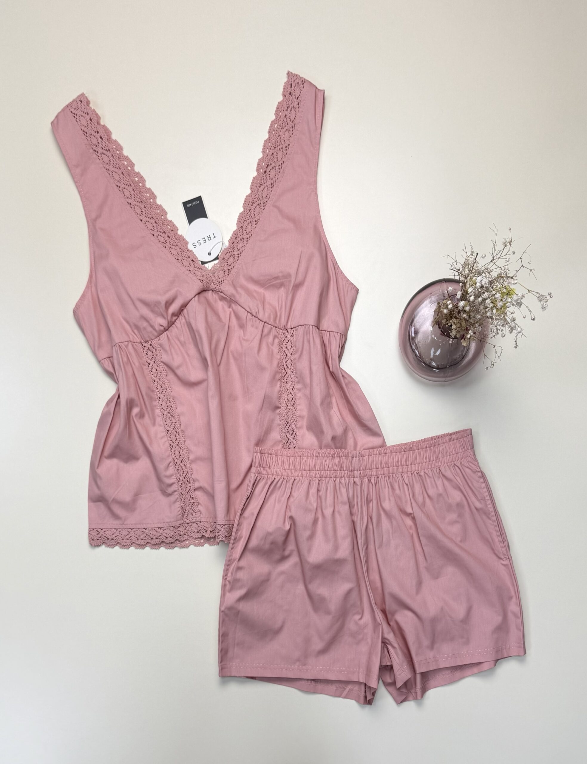 Pyjama short haut demi manche 100 % coton - Tress - " Rose "