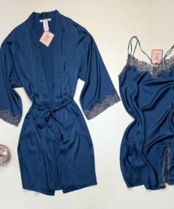 Alternative view of Ensemble nuisette peignoir en satin "Bleu vert" -H-