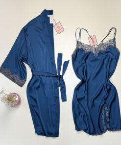 Ensemble nuisette peignoir en satin "Bleu vert" -H-