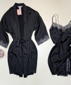Alternative view of Ensemble nuisette peignoir en satin "Noir" -H-