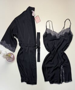 Ensemble nuisette peignoir en satin "Noir" -H-