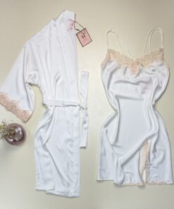 Ensemble nuisette peignoir en satin "Blanc" -H-