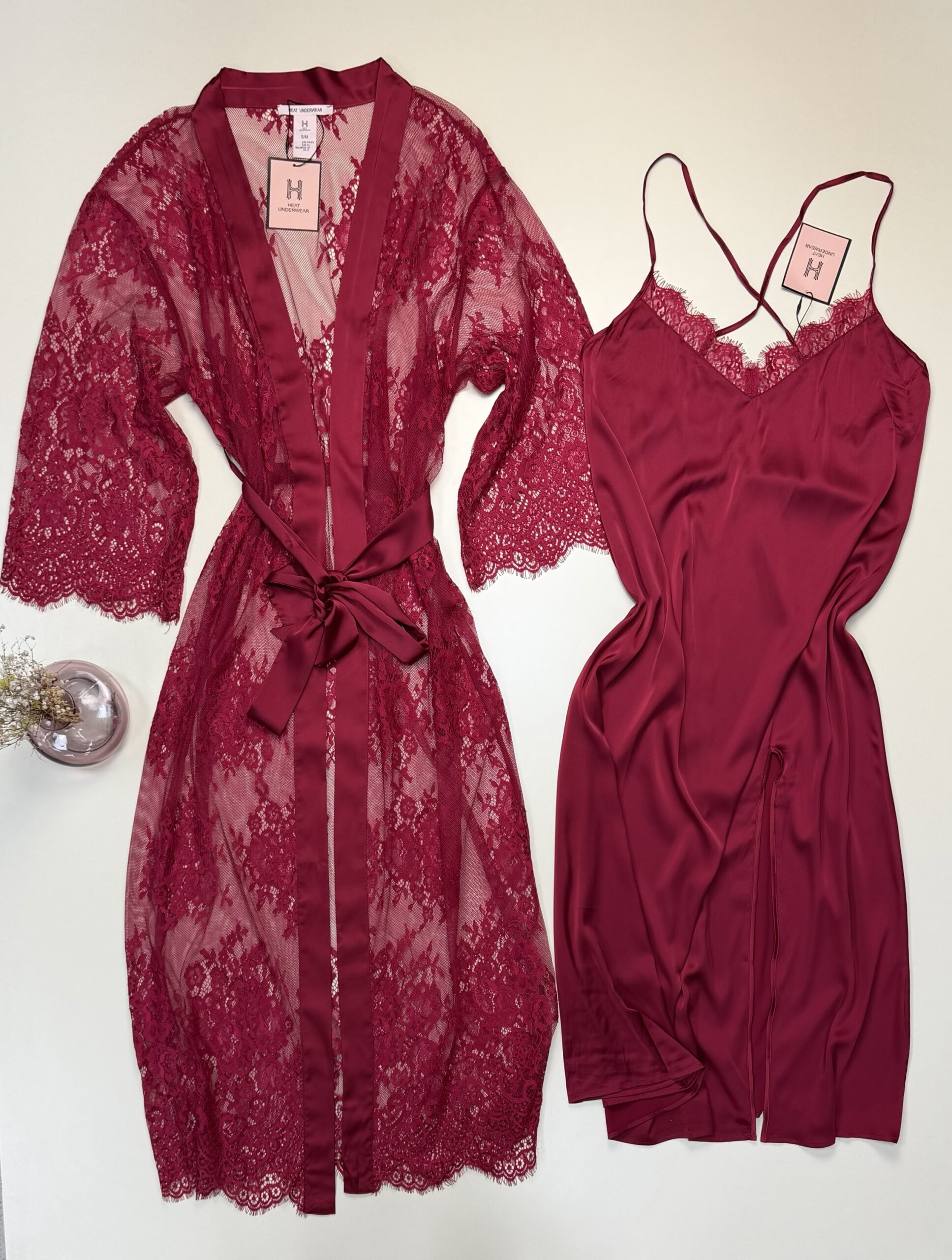 Ensemble nuisette satin / peignoir dentelle long -H- "Bordeaux" – Image 2