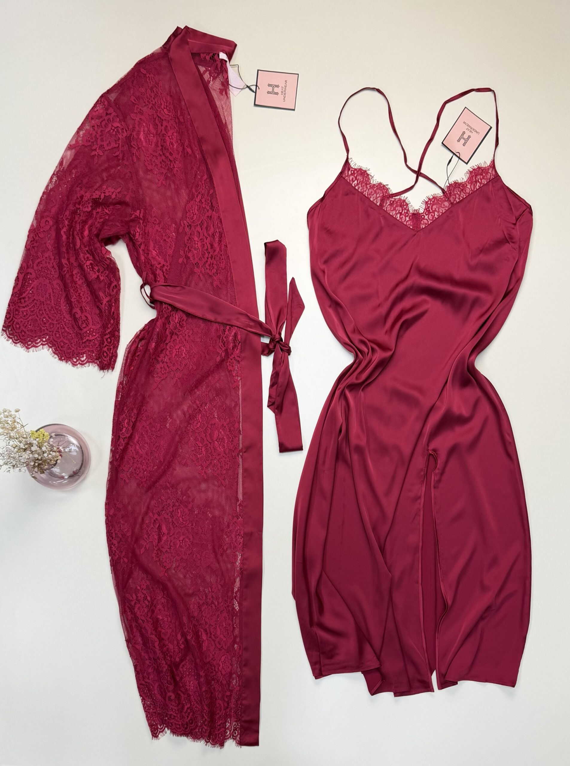 Ensemble nuisette satin / peignoir dentelle long -H- "Bordeaux"