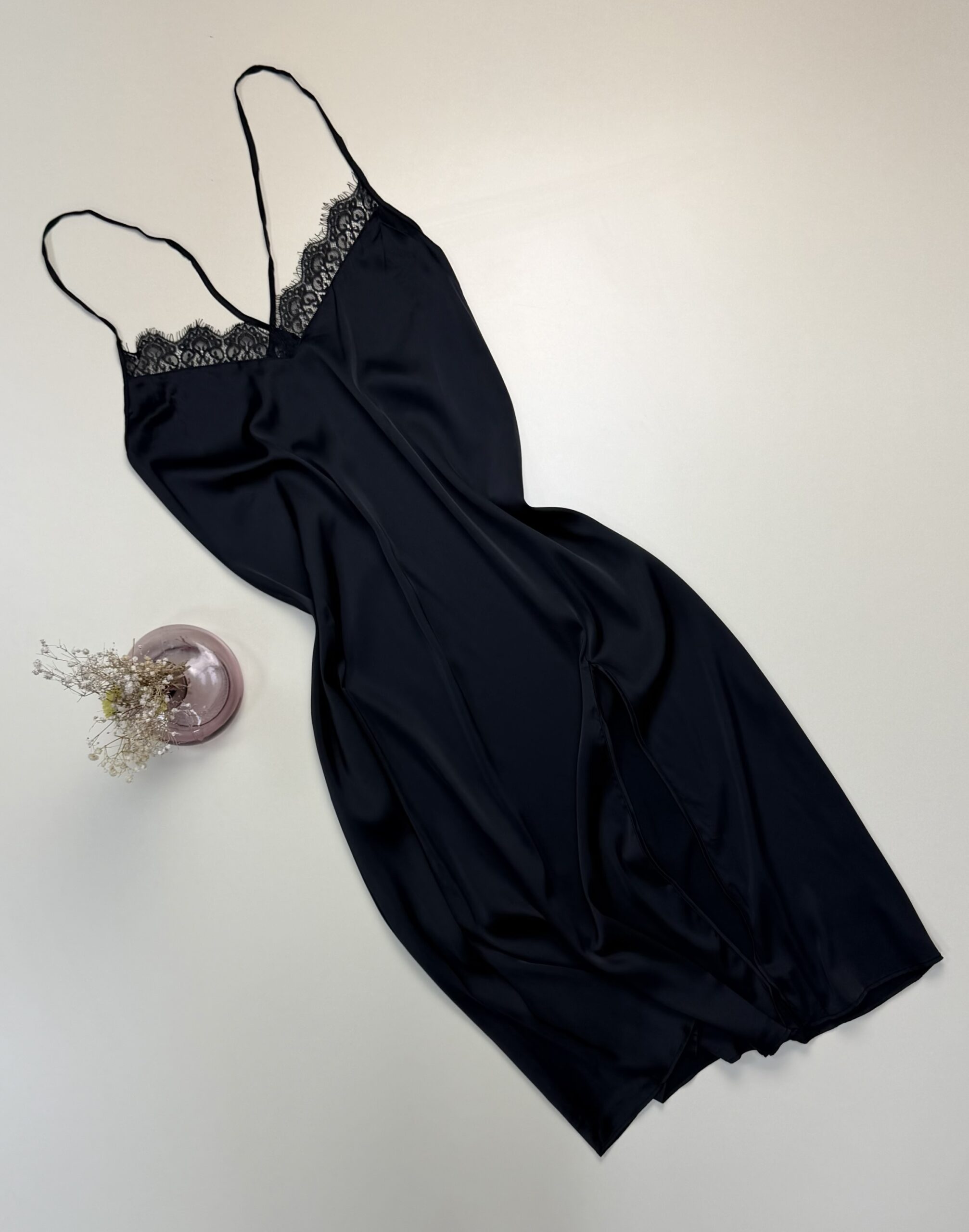 Ensemble nuisette satin / peignoir dentelle long -H- "Noir" – Image 2