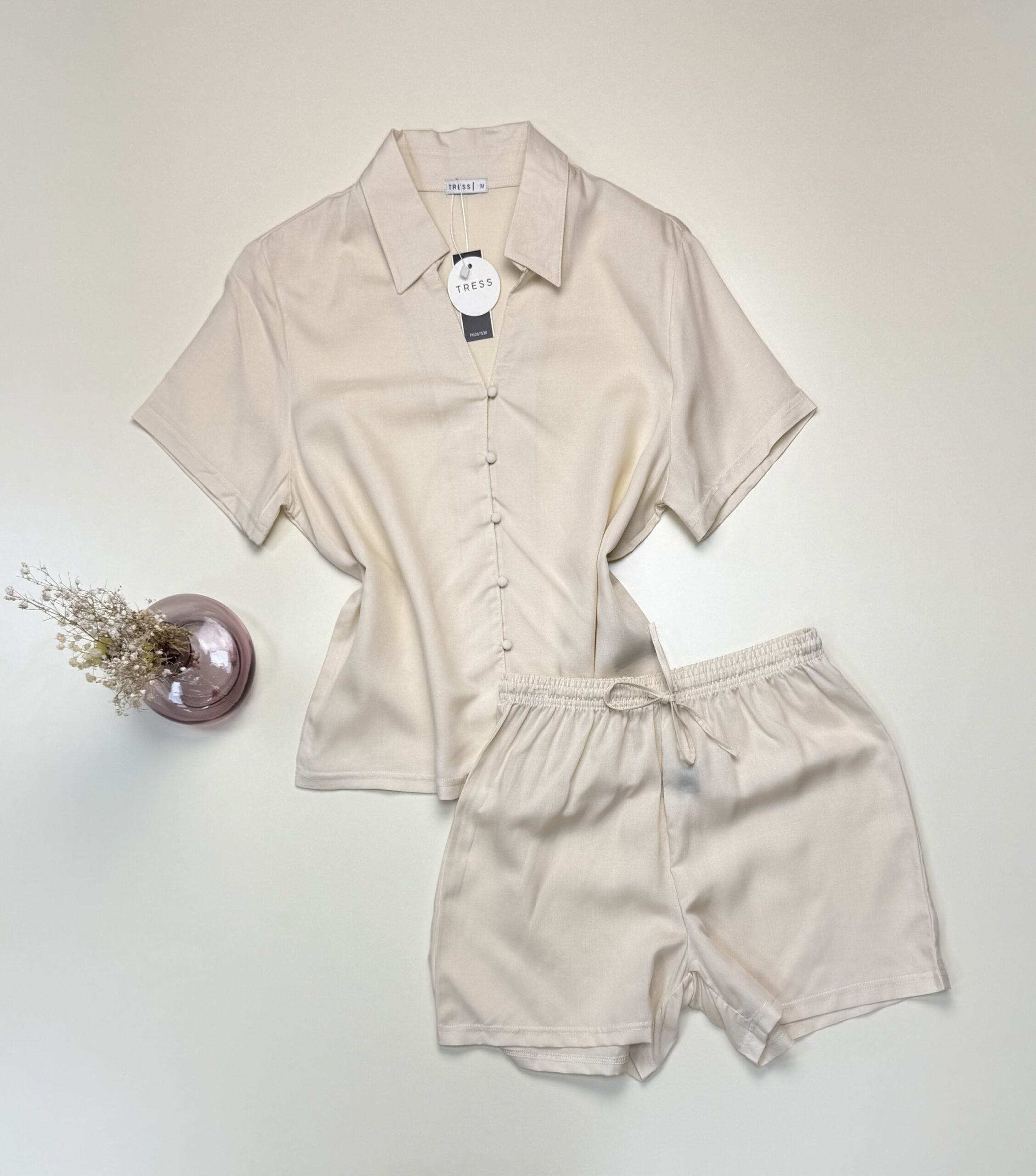 Pyjama short haut demi manche boutonné en lin Tress " Beige "