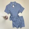 Pyjama short haut demi manche boutonné en lin Tress " Bleu "