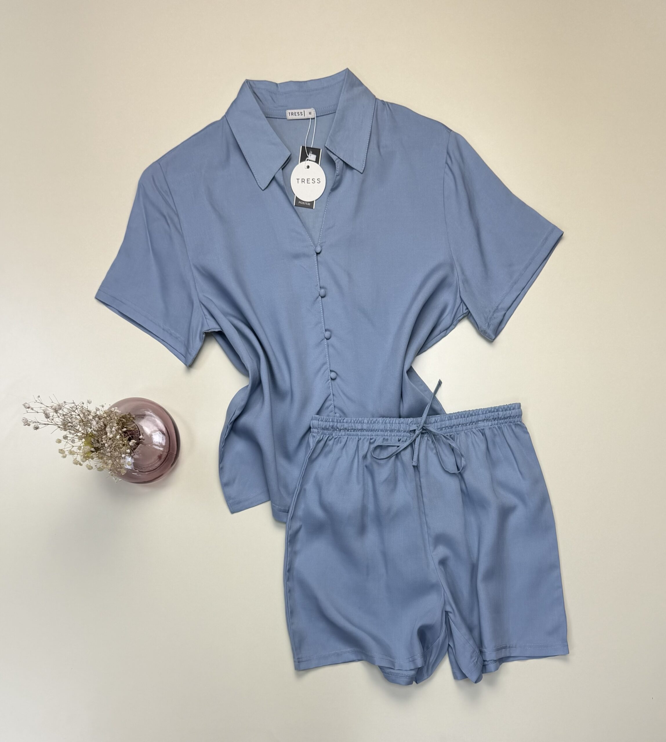 Pyjama short haut demi manche boutonné en lin Tress " Bleu "