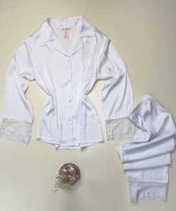 Alternative view of Pyjama boutonné en satin dentelle "Blanc"