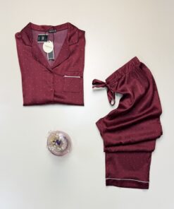 Alternative view of Pyjama boutonné en satin manche longue " bordeaux" -TRESS-