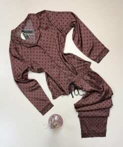 Pyjama boutonné en satin manche longue " Marron petit point " -TRESS-