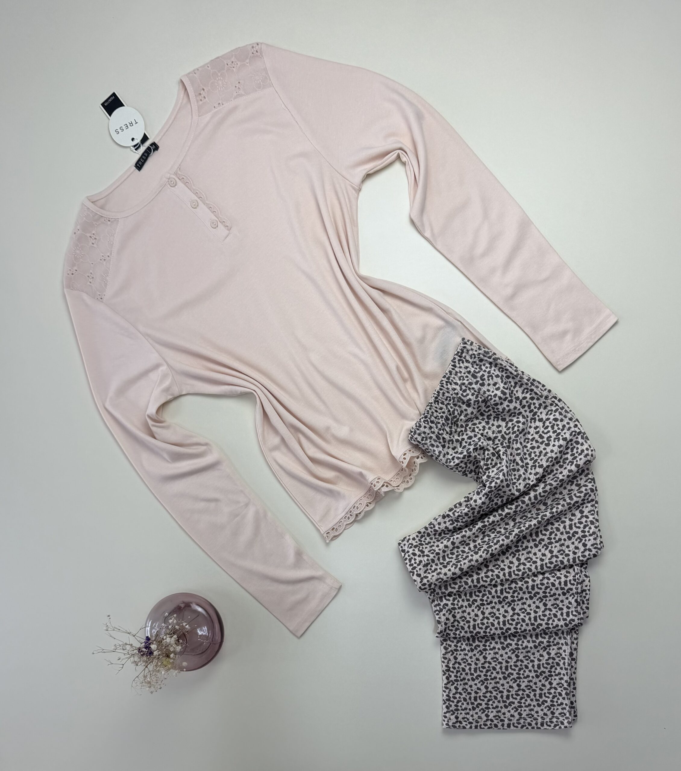 Pyjama pantalon haut manche longue - Tress - Coton " Beige "