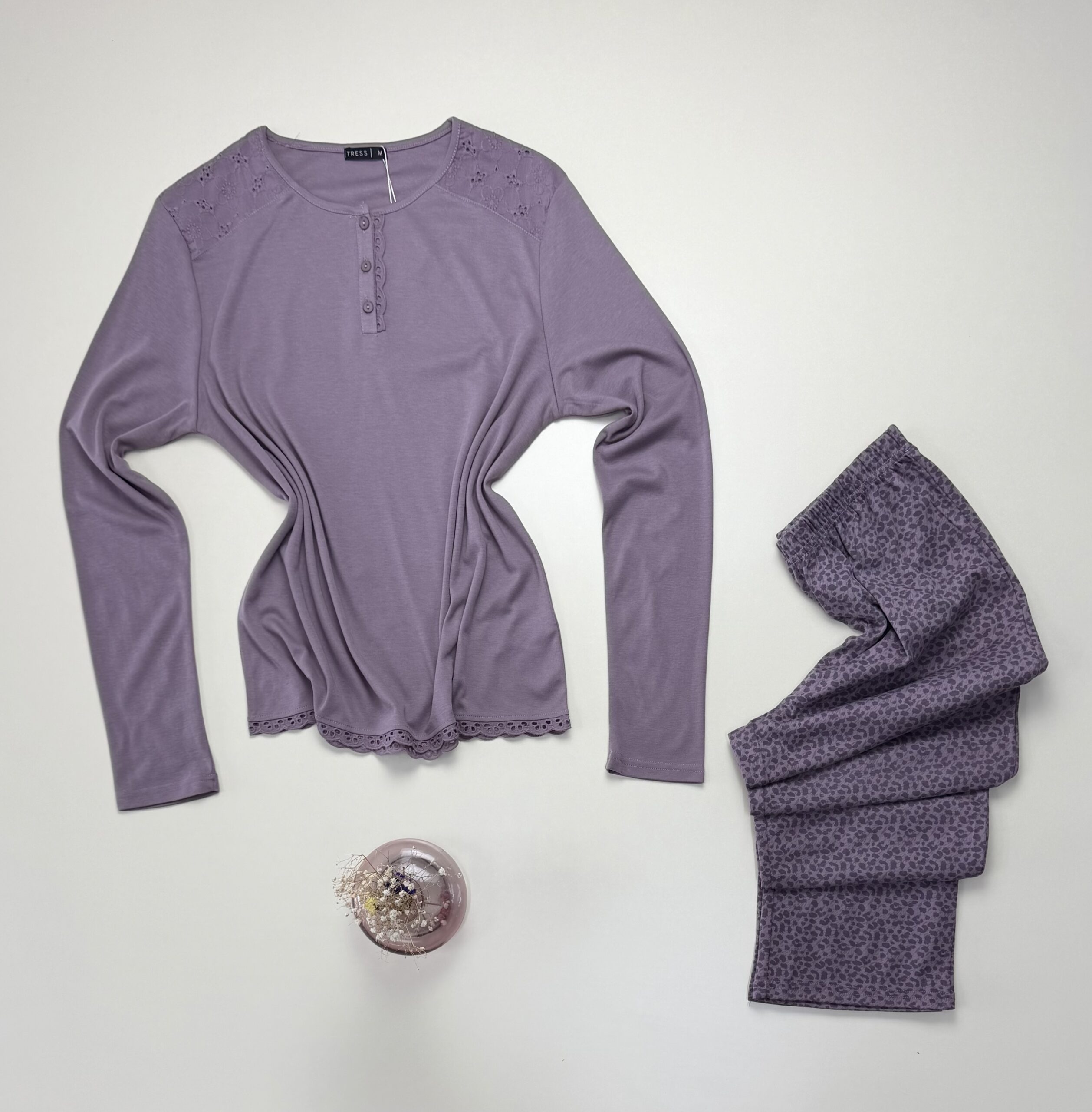 Pyjama pantalon haut manche longue - Tress - Coton " Mauve " – Image 3