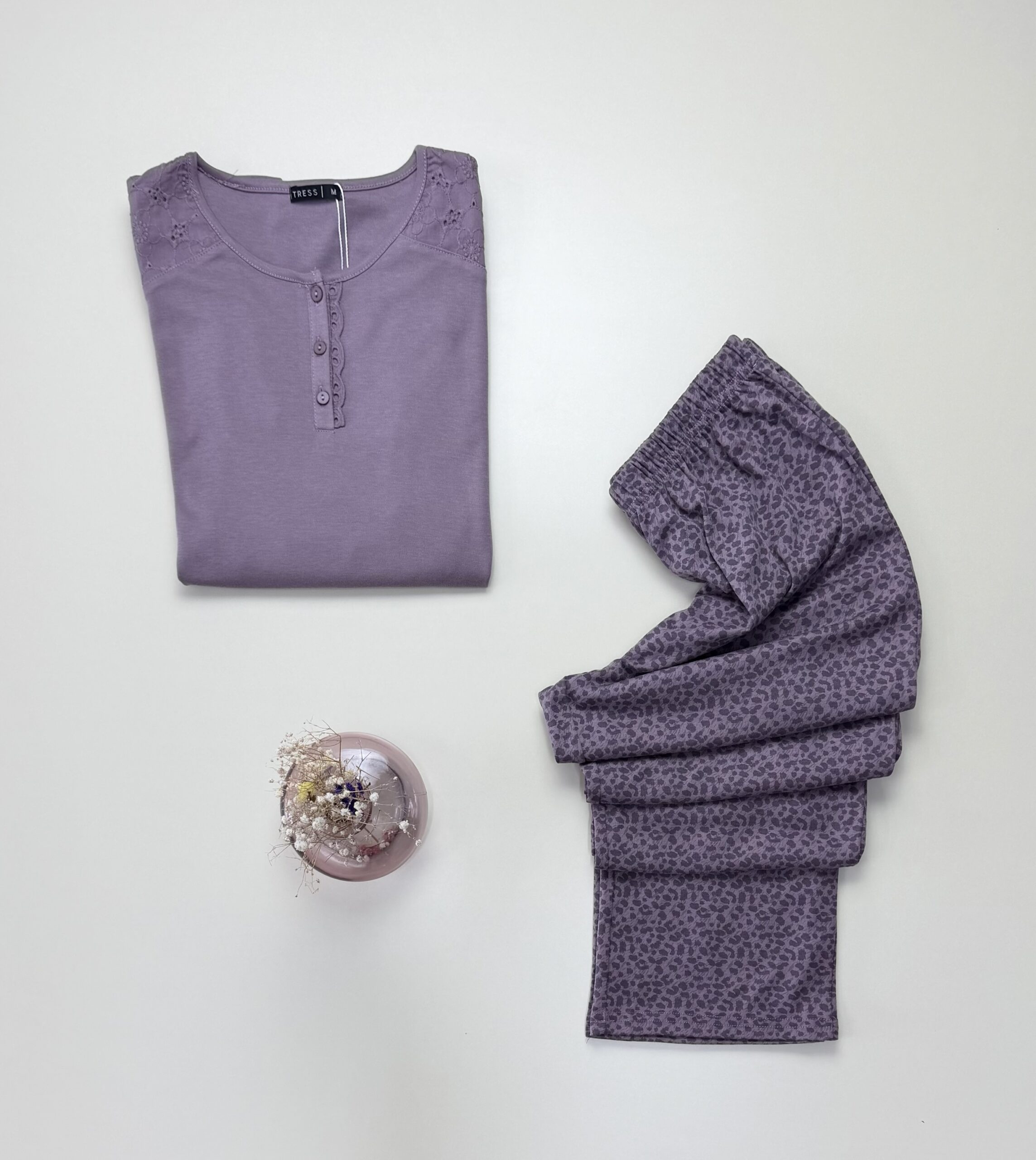 Pyjama pantalon haut manche longue - Tress - Coton " Mauve " – Image 2