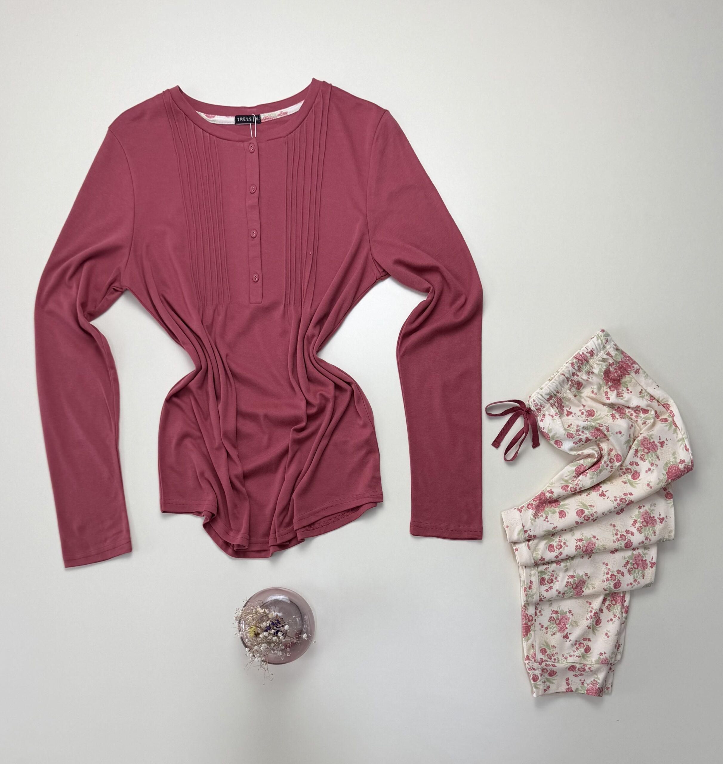 Pyjama pantalon haut manche longue - Tress - Coton " Bois de rose " – Image 3