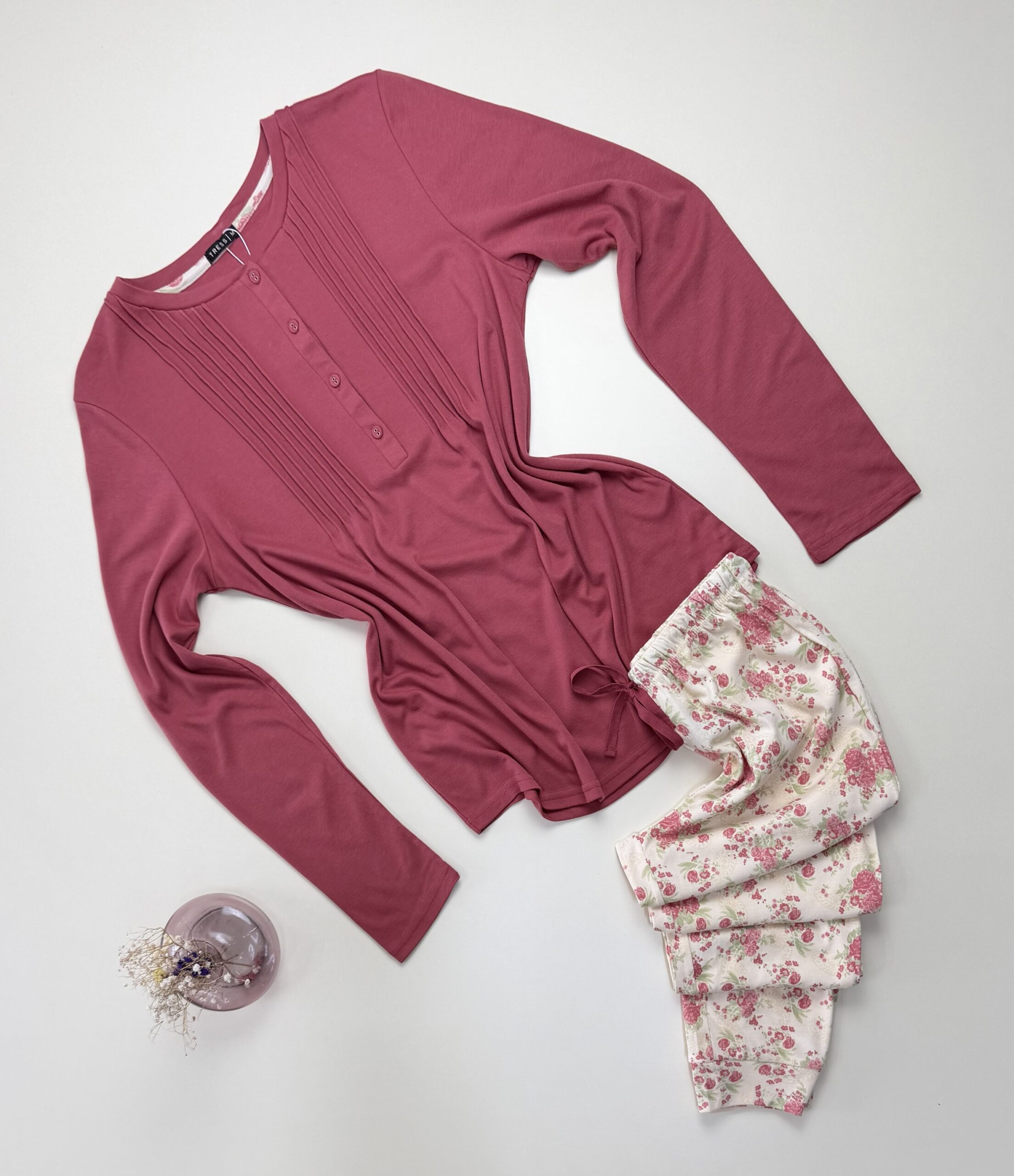 Pyjama pantalon haut manche longue - Tress - Coton " Bois de rose "