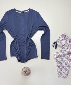 Pyjama pantalon haut manche longue - Tress - Coton " Bleu " – Image 3