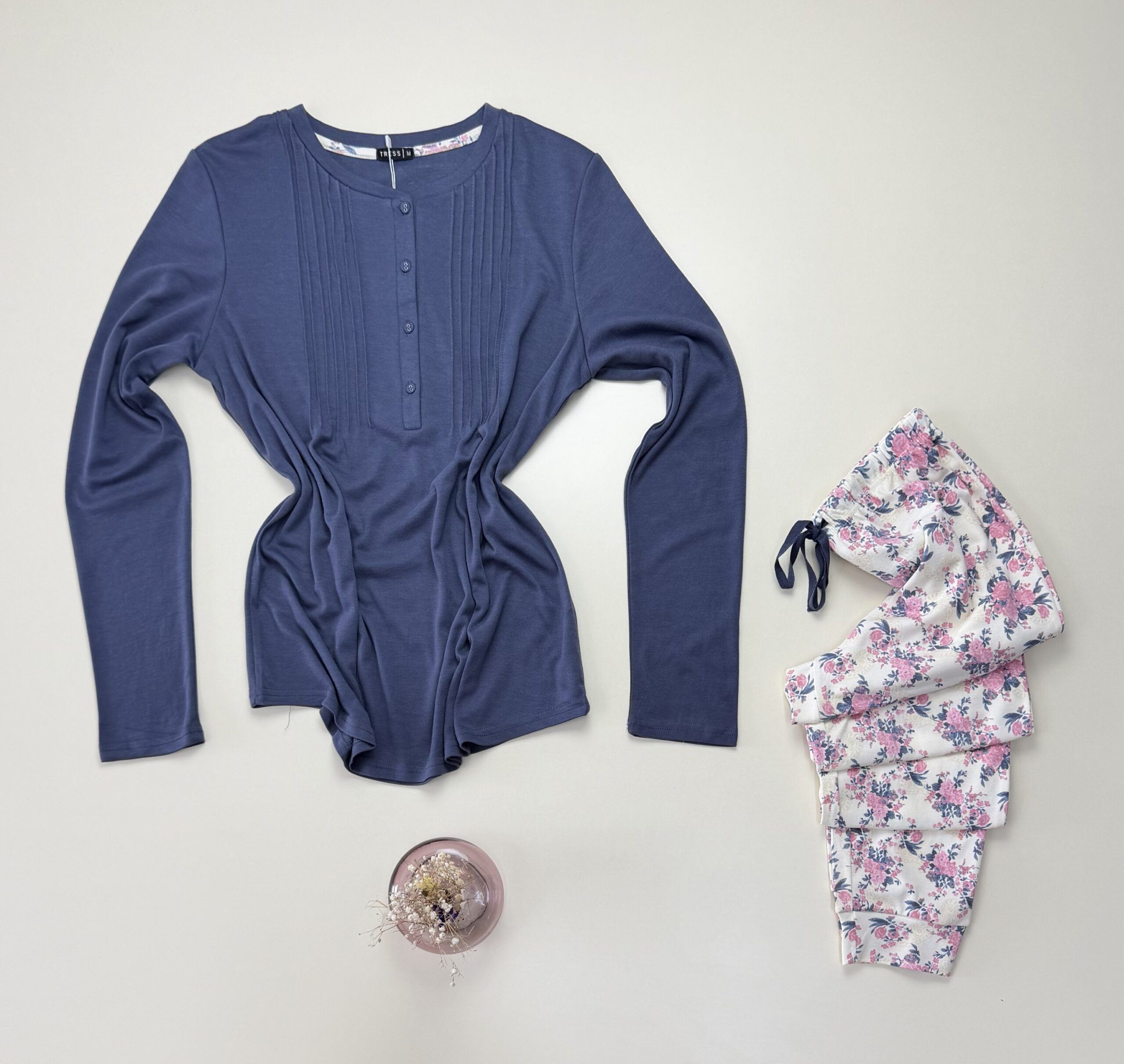 Pyjama pantalon haut manche longue - Tress - Coton " Bleu " – Image 3