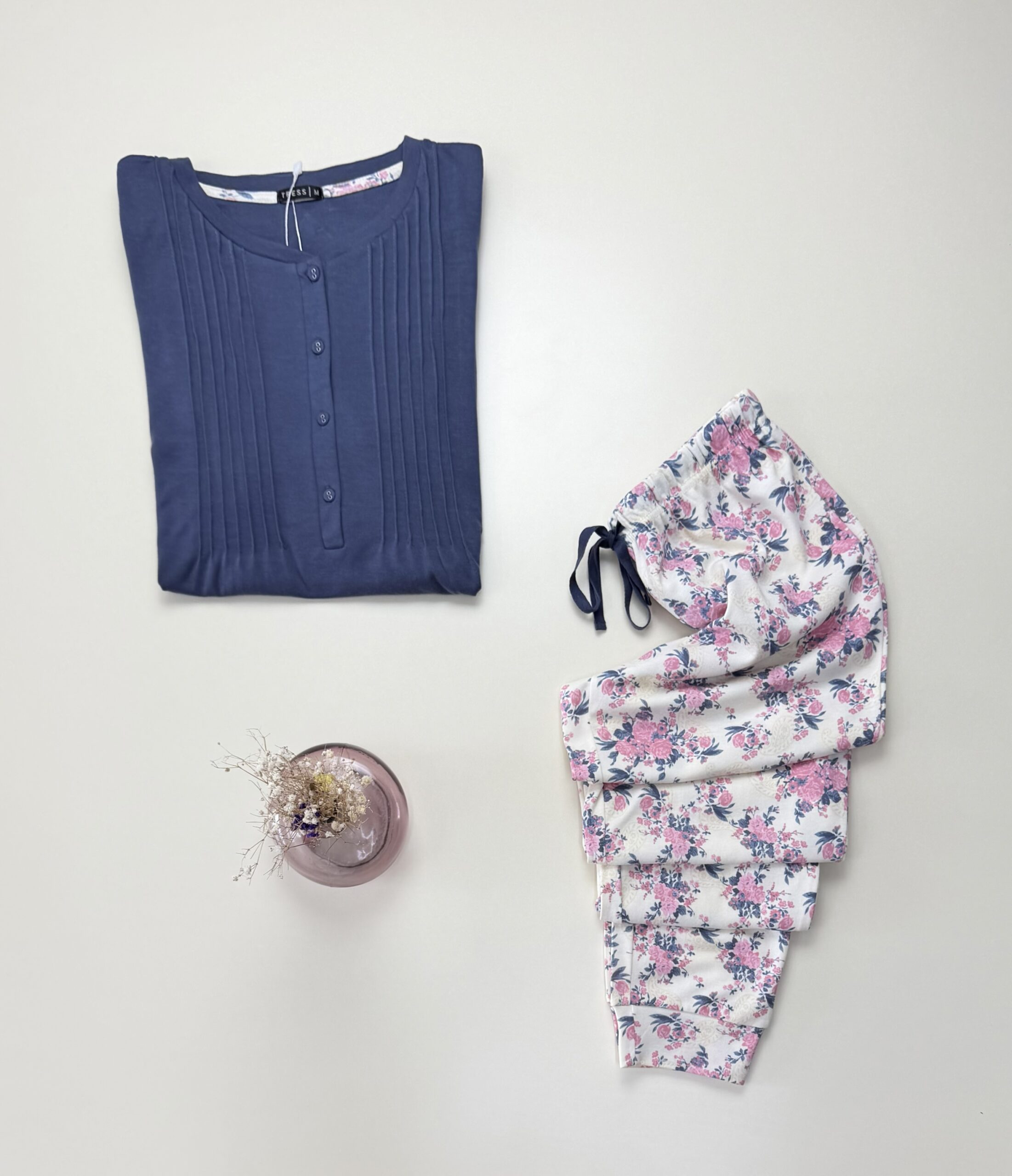 Pyjama pantalon haut manche longue - Tress - Coton " Bleu " – Image 2