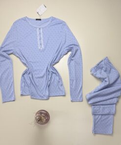 Pyjama pantalon haut manche longue - Tress - Coton " Bleu " – Image 3